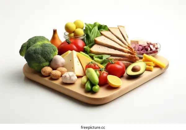 An assortment of healthy food on a wooden cutting board