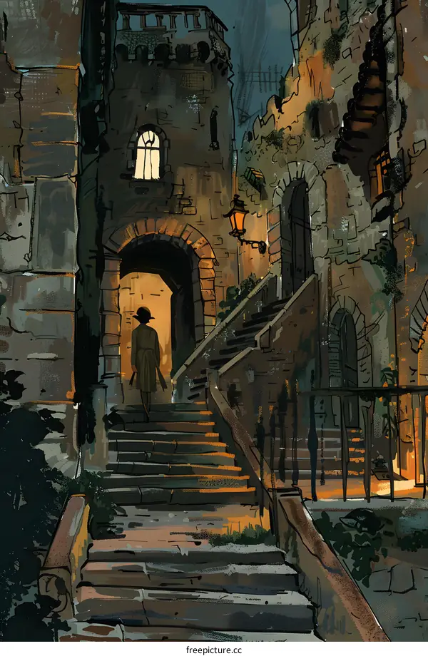 Woman Walking Up Old Stone Stairs In A Medieval Town