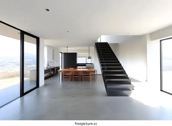 Modern Minimalist House Interior Design with Black Staircase and Open Kitchen