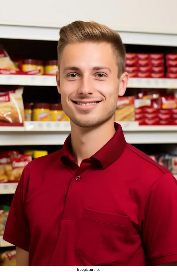 Portrait of a happy young male grocery store clerk