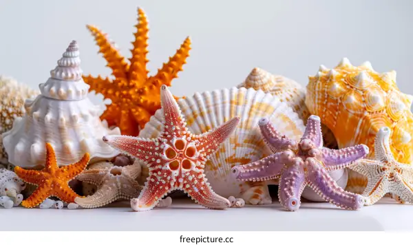 Seashells and Starfish Displayed on a White Background