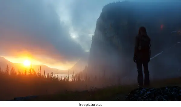 Woman Standing in Front of Majestic Mountains at Sunrise