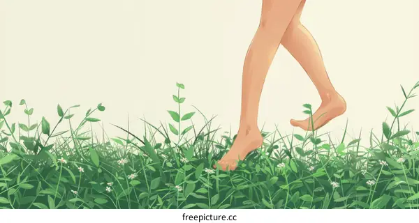 A barefoot person walking through a grassy field