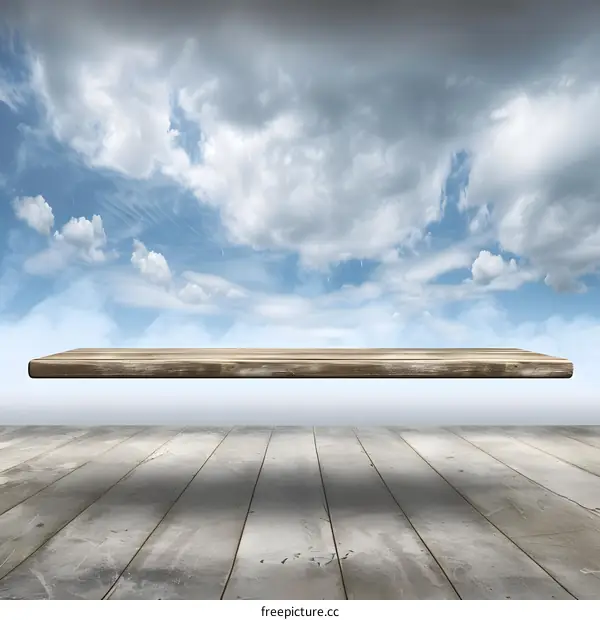 Wooden Shelf Against Blue Sky With Clouds