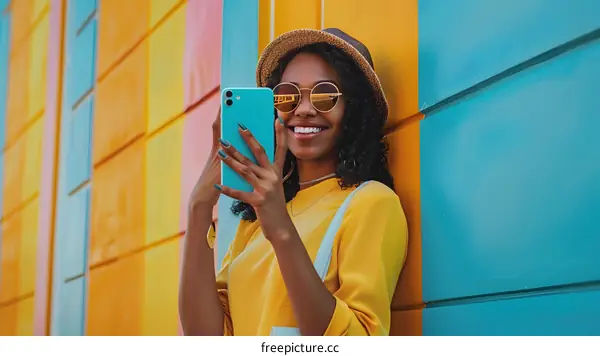 Smiling Woman in Yellow Shirt Using Smartphone Against Colorful Wall