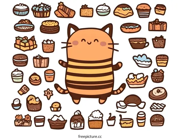 Cute Cat Cartoon Illustration with Sweet Desserts and Pastries