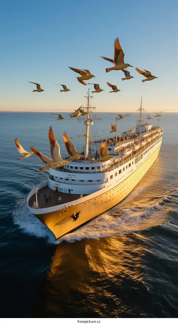 A large yellow cruise ship sails through the ocean with seagulls flying overhead