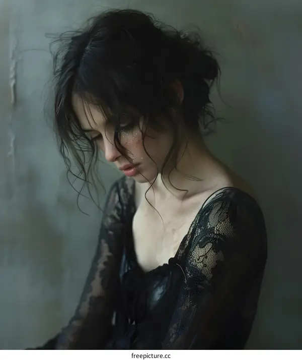 Portrait of a young woman with dark hair and a black lace dress
