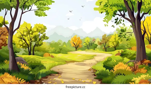 Autumn Landscape with Winding Path Through Forest