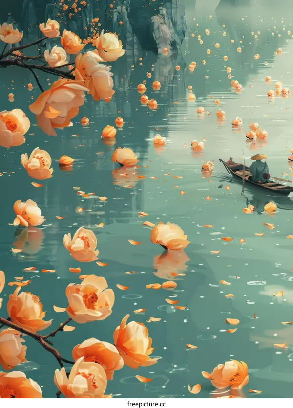 A fisherman in a boat on a river with peach blossoms