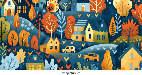 Autumn Illustration with Houses and Cars