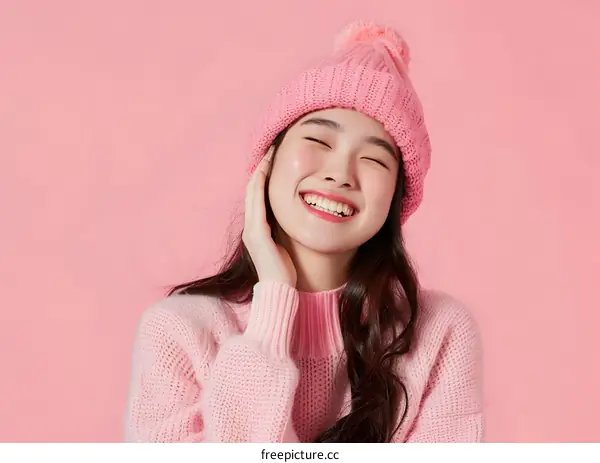 Smiling Woman in Pink Knitted Sweater and Hat