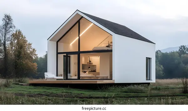 Minimalist White Modern House With Large Windows and Wooden Deck