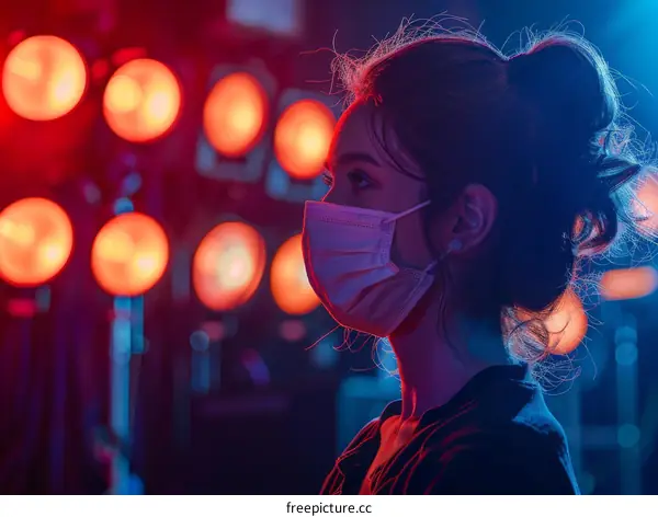 Portrait of a young Asian woman wearing a mask in front of a stage with red lights