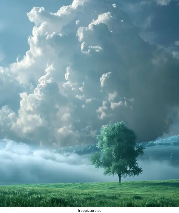 A single tree stands in a field of wheat with a large white cloud behind it.