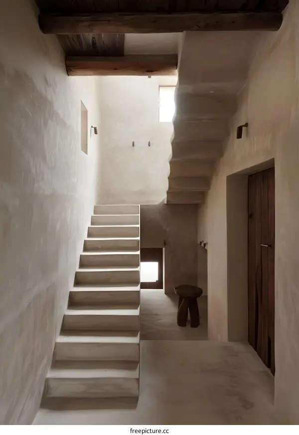 Minimalist Interior Design with Concrete Staircase and Wooden Beams