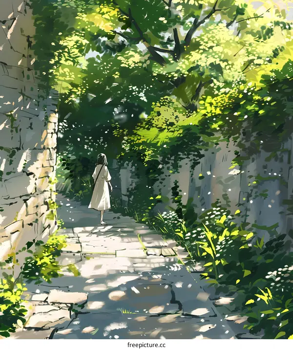 Woman Walking Through a Stone Pathway in a Forest