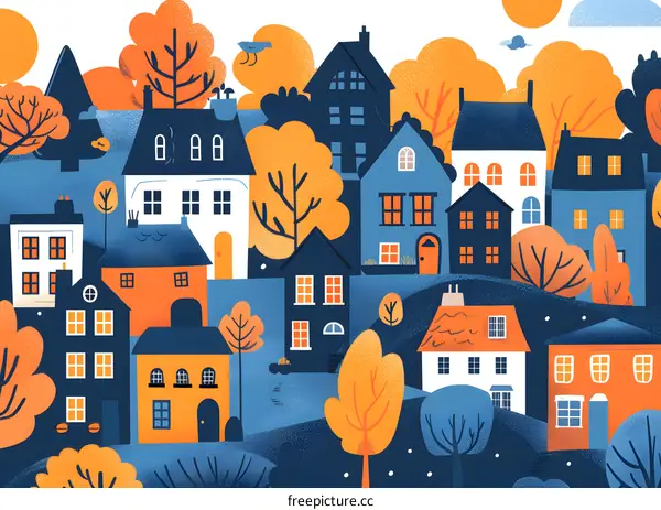 Autumn Illustration of a Small Town