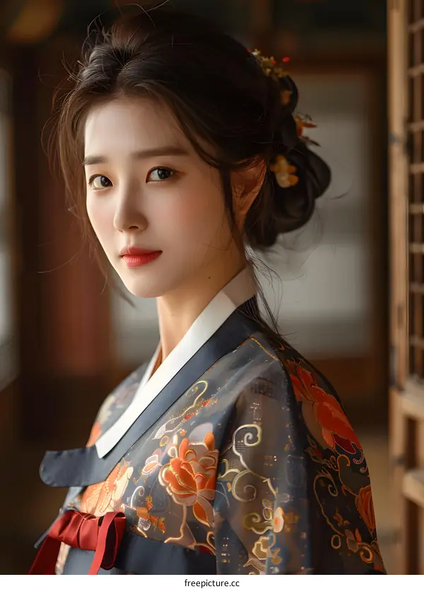 Portrait of a young woman in traditional Korean dress, or Hanbok
