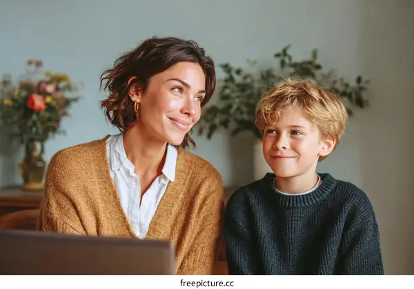 Mother and Son Relaxing at Home with Laptop