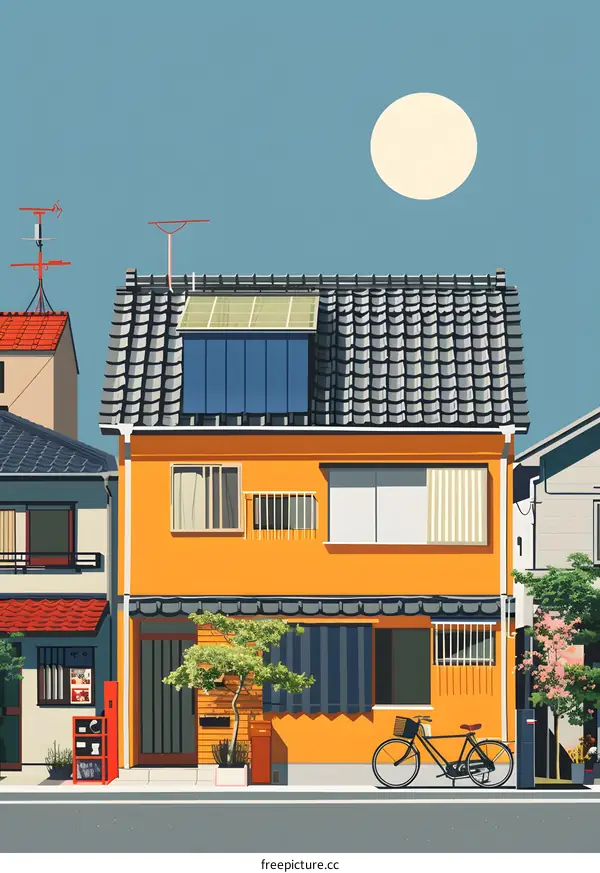 Japanese Style House Illustration with Yellow Walls and Tile Roof