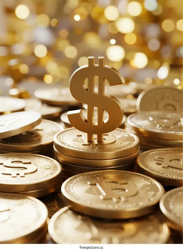 Golden Bitcoin and Dollar Sign on Pile of Coins
