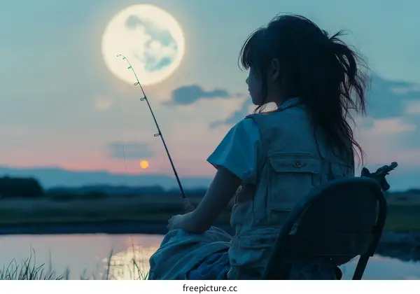 Peaceful Evening Fishing by the Lake with a Full Moon