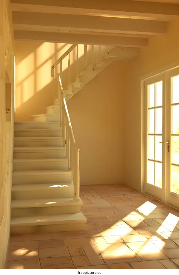 White Wooden Staircase In A Room With Wooden Beams And A Door With Glass Panels