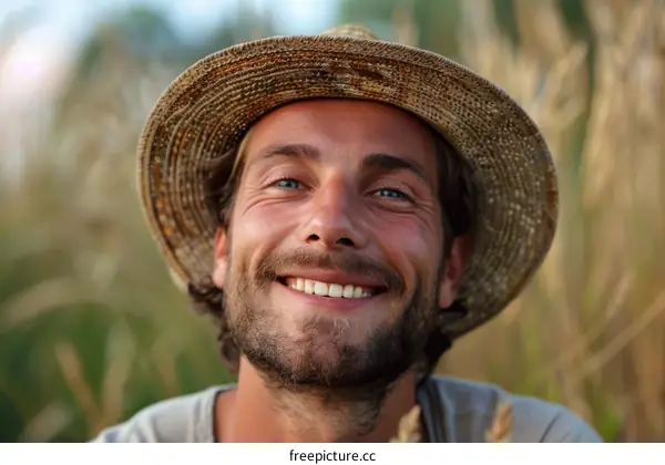 Smiling Man in Straw Hat Outdoors