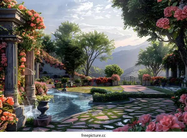 A stone and flower decorated courtyard at the foot of a mountain