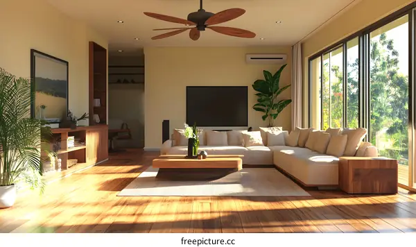 Modern Living Room Interior Design With Wooden Furniture And Ceiling Fan