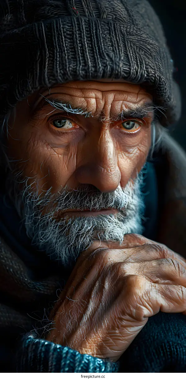 portrait of an old man with a beard and a beanie