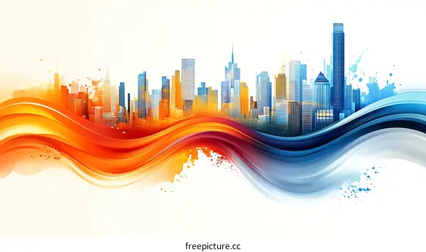 Abstract City Skyline with Dynamic Waves