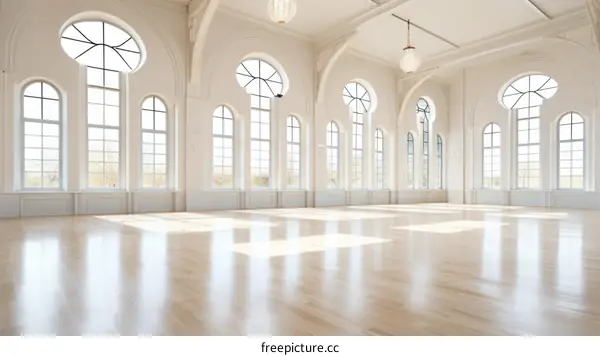 Large bright empty hall with shiny wooden floor and big windows