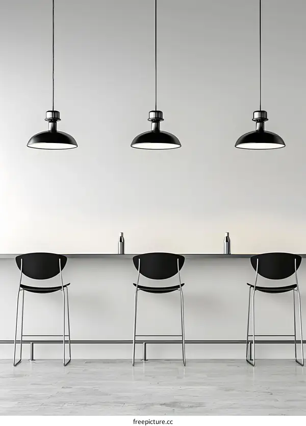 Minimalist Bar Interior with Three Black Pendant Lights and Three Bar Stools