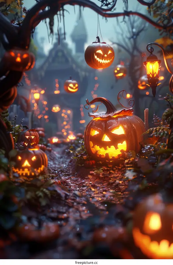 Spooky Halloween Pumpkin Path in the Forest
