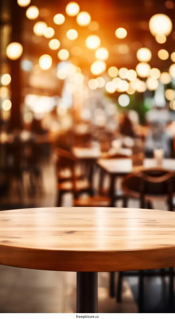 An empty table in a restaurant with a blurred background of lights