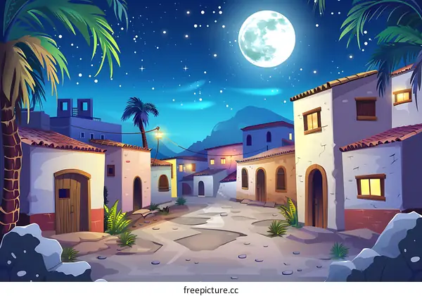 Nighttime Village Illustration With Full Moon And Stars