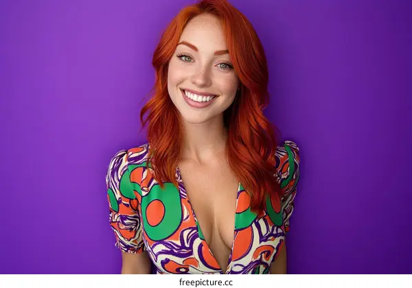 Smiling Woman in a Colorful Dress Against a Purple Background