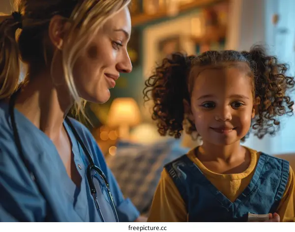 A smiling nurse talking to a little girl