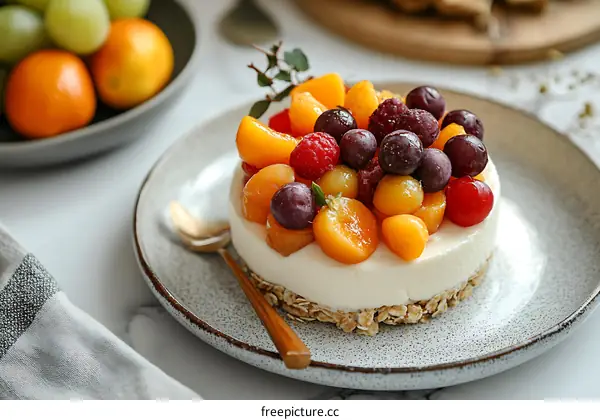 Close Up of a Delicious Fruit Tart with a White Cream Base