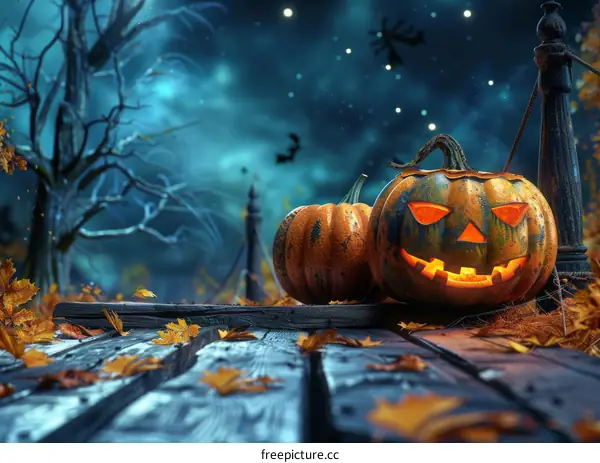 Spooky Halloween Pumpkins in a Dark Forest