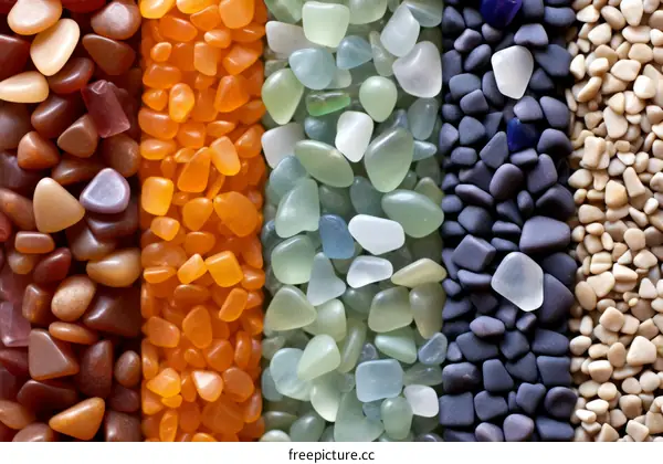 Colorful pebbles of different sizes and shapes