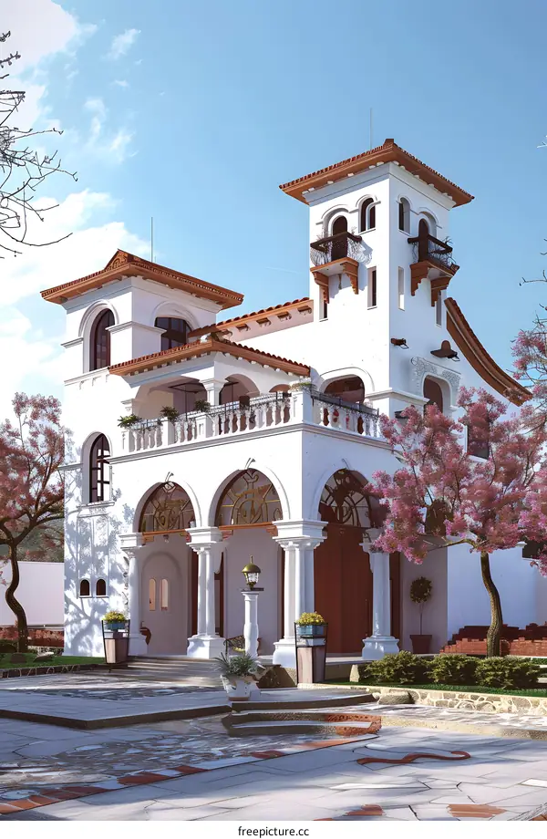 White Mediterranean Villa with Red Tile Roof and Flowers
