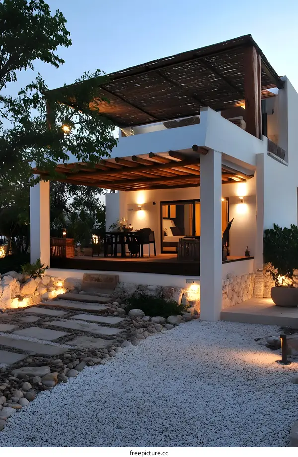 Modern White Villa with Stone Path and Patio