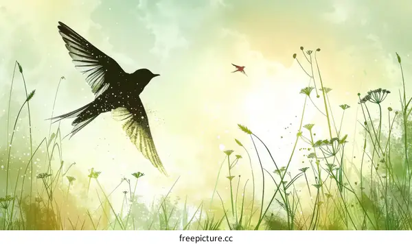 Two Birds Flying Over a Field of Grass