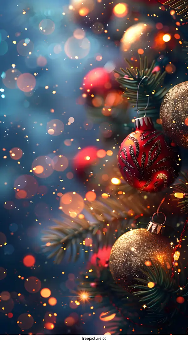 Christmas ornaments hanging on a Christmas tree with blurred lights in the background