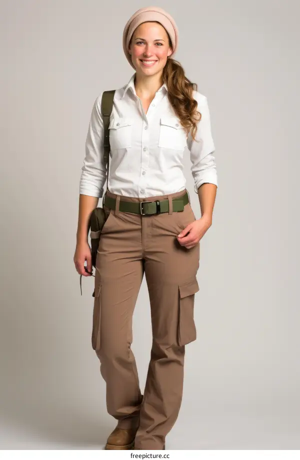 woman wearing safari outfit with a bag
