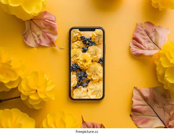 Yellow Flowers and Berries on Mobile Phone Screen