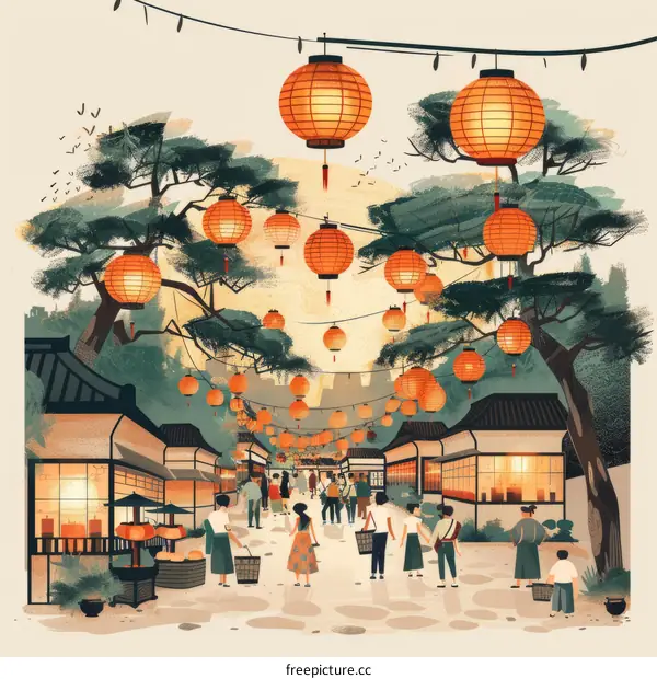 Bustling Japanese Street with Paper Lanterns Adorning the Night